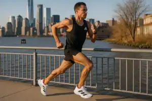 Runner in Adidas Adios Pro 4 shoes, with city skyline background.